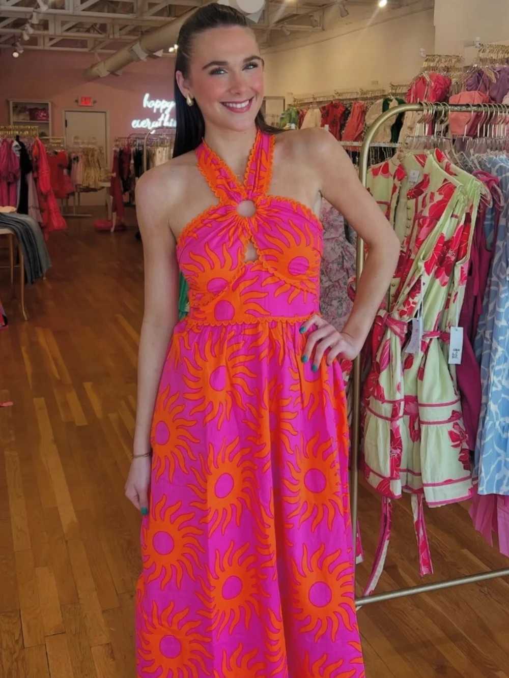 NWT J.Marie Mara Ric Rac Halter Midi Dress Pink Orange Sun Print Sz S - Picture 4 of 8